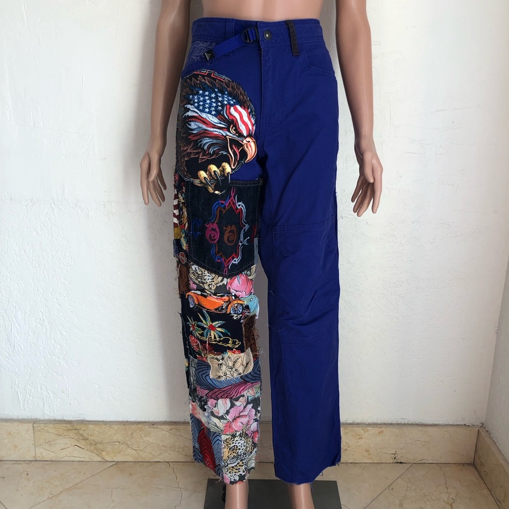 PrAna Blue Cargo Pants Patched Distressed Art Design Graphics Women’s Size 30